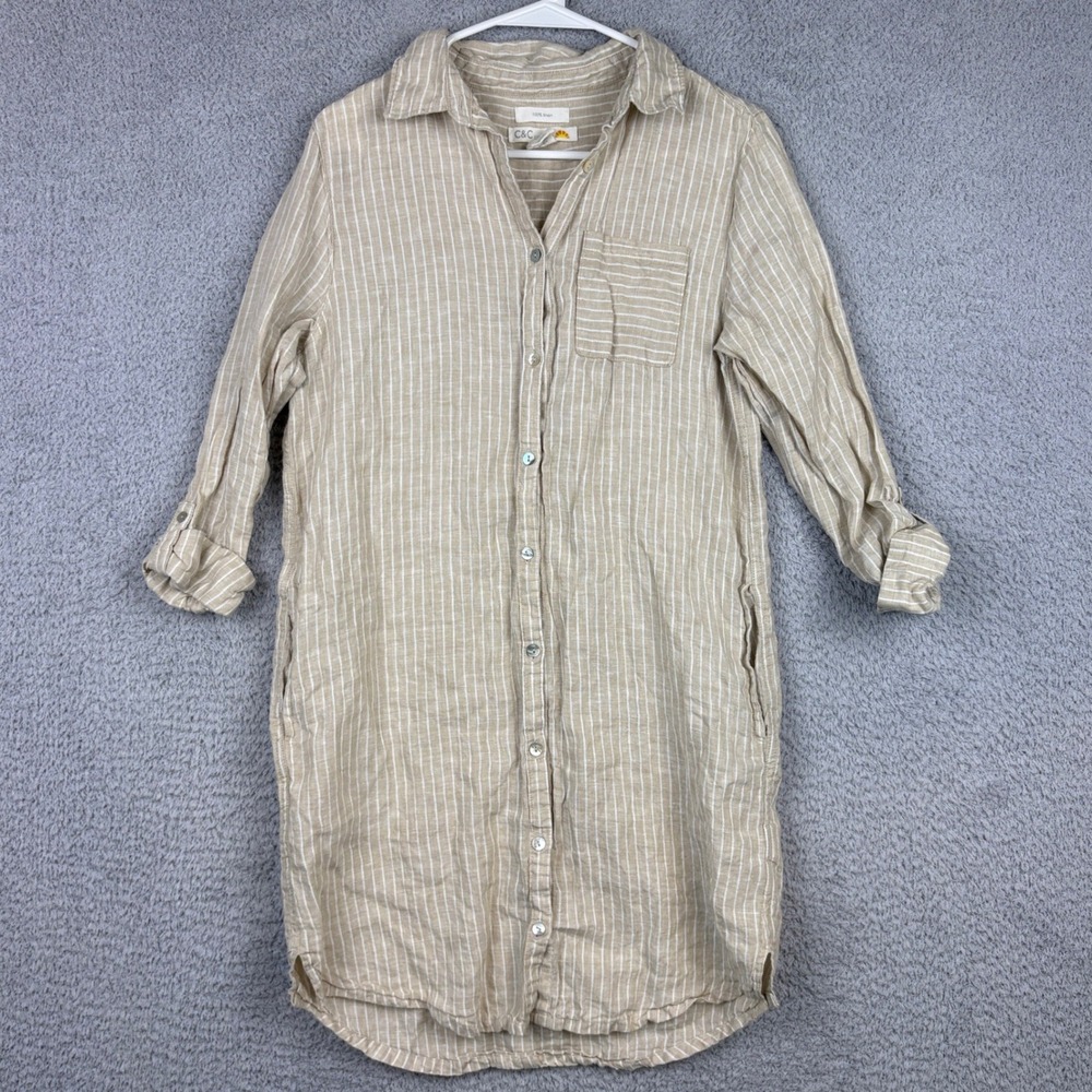 C&C California Shirt Dress Womens Small Tan Striped Linen Roll Tab Sleeve Mini